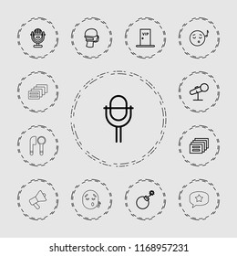 Speech icon. collection of 13 speech outline icons such as explosion, emoji listening music, medical mask, message, microphone. editable speech icons for web and mobile.
