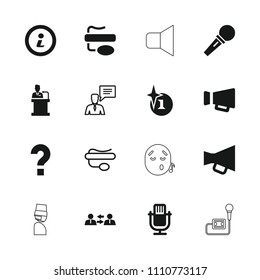 Speech icon. collection of 16 speech filled and outline icons such as explosion, microphone, megaphone, speaker, info, communication. editable speech icons for web and mobile.