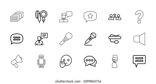 Speech icon. collection of 18 speech outline icons such as bye emot, communication, pin microphone, chat, man with chat bubblle. editable speech icons for web and mobile.