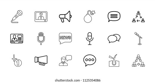 Speech icon. collection of 18 speech outline icons such as chat, communication, megaphone, tv speaker, microphone. editable speech icons for web and mobile.