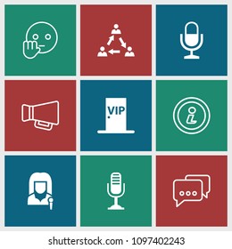 Speech icon. collection of 9 speech filled and outline icons such as vip door, communication, bye emot, message, megaphone, info. editable speech icons for web and mobile.