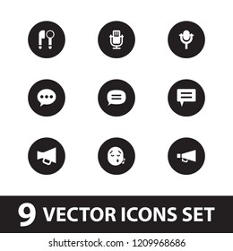 Speech icon. collection of 9 speech filled icons such as chat, microphone, megaphone. editable speech icons for web and mobile.