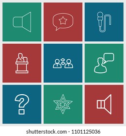 Speech icon. collection of 9 speech outline icons such as chatting man, question, communication, megaphone, speaker, explosion. editable speech icons for web and mobile.