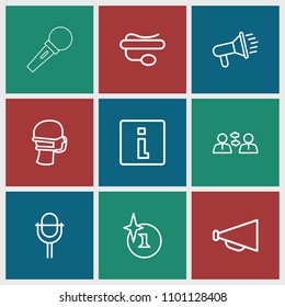 Speech icon. collection of 9 speech outline icons such as explosion, megaphone, info, medical mask, communication, pin microphone. editable speech icons for web and mobile.