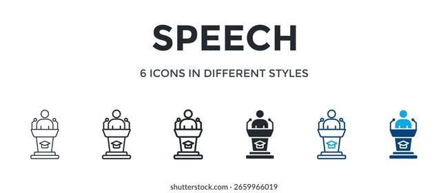 Speech Icon In Different Style Vector Illustration. Designed In Thin Line, Regular Line, Bold Line, Glyph, Color Line, And Color Glyph Style Can Be Used For Web