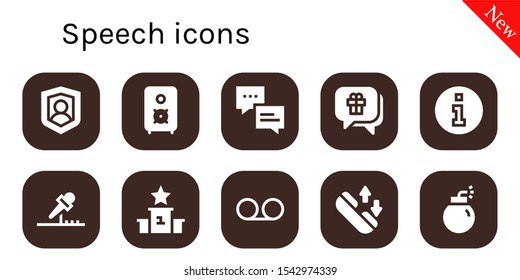 speech icon set. 10 filled speech icons.  Collection Of - Social, Speaker, Chat, Information, Microphone, Podium, Voice message, Phone call, Bomb icons