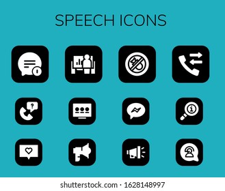speech icon set. 12 filled speech icons.  Simple modern icons such as: Chat, Call, Presentation, Loudspeaker, Bombing, Messenger, Megaphone, Info, Communication