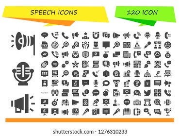  speech icon set. 120 filled speech icons. Simple modern icons about  - Megaphone, Microphone, Chat, Call, Phone call, Speaker, Podium, Content, Protest, Text, Bombing, Multimedia