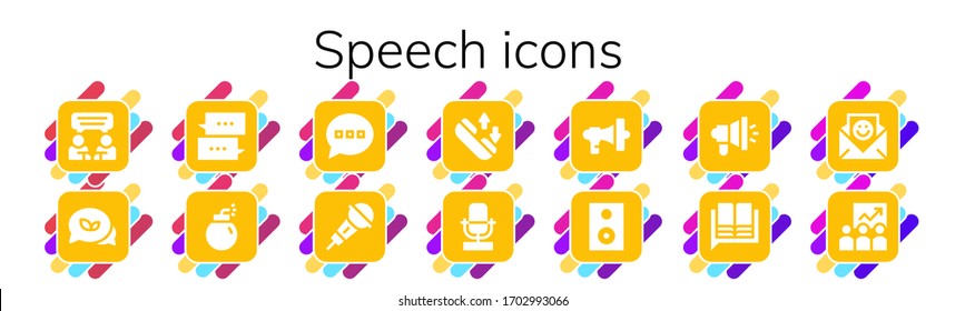 conjunto de iconos de voz. 14 iconos de voz rellenos.  Iconos modernos sencillos, como: Chat, Conversación, Bomba, Comentario, Micrófono, Llamada telefónica, Megáfono, Altavoz, Idioma, Comunicación, Capacitación