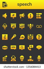 speech icon set. 26 filled speech icons.  Simple modern icons about  - Speaker, Discussion, News report, Megaphone, Information, Feedback, Voice recorder, Presentation, Microphone