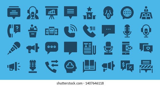 speech icon set. 32 filled speech icons. on blue background style Collection Of - Chat, Question, Microphone, Megaphone, News reporter, Presentation, Loudspeaker, Call, Thinking