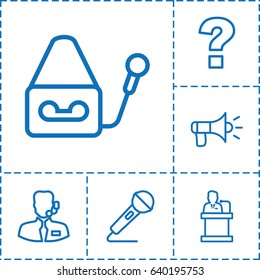 Speech icon. set of 6 speech outline icons such as microphone, speaker, help support, megaphone