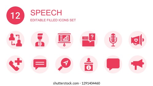 speech icon set. Collection of 12 filled speech icons included Discussion, News reporter, Presentation, Question, Microphone, Phone call, Chat, Message, Information, Megaphone