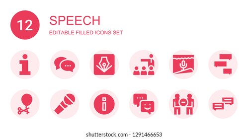 speech icon set. Collection of 12 filled speech icons included Information, Chat, Illustrator draw, Meeting, Microphone, Ballon, Communication
