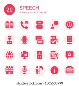 speech icon set. Collection of 20 filled speech icons included Commandments, Calling, Chat, Info, News reporter, Microphone, Chat bubble, Loudspeaker, Announcer, Leader, Presentation