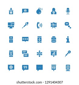 speech icon set. Collection of 25 filled speech icons included Announcer, Presentation, Comment, Quote, Chat, Microphone, Meeting, Chat bubble, Information, Training, Voice recognition