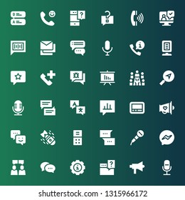 speech icon set. Collection of 36 filled speech icons included Microphone, Megaphone, Question, Info, Chat, Chatting, Messenger, Conversation, Voice recorder, Bomb, Pager, Bubble speech