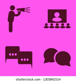 speech icon set with conference, man talking by speaker and speech bubbles vector illustration