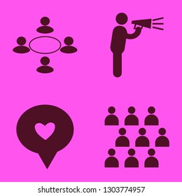 speech icon set with conference, workshop and man talking by speaker vector illustration