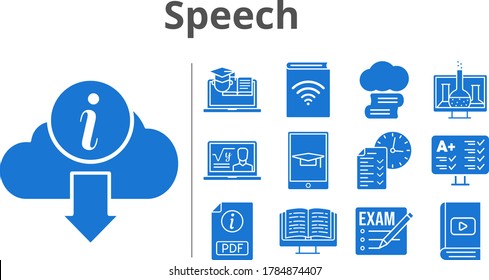 speech icon set. included exam, cloud library, chemistry, audiobook, professor, e-book, pdf, test, tablet, information, training icons. filled styles.