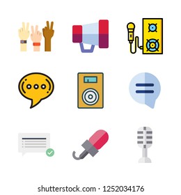 speech icon set. vector set about megaphone, speaker, microphone and speech bubble icons set.