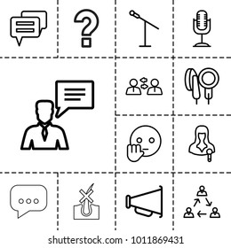 Speech icons. set of 13 editable outline speech icons such as bye emot, microphone, communication, woman speaker, man with chat bubblle, megaphone, chat, no hair in skin