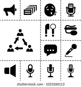Speech icons. set of 13 editable filled speech icons such as microphone, communication, megaphone, pin microphone, chat, emoji listening music