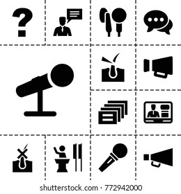 Speech icons. set of 13 editable filled speech icons such as question, message, tv speaker, chat, man with chat bubblle, megaphone, microphone, speaker, no hair in skin