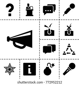 Speech icons. set of 13 editable filled speech icons such as megaphone, info, microphone, communication, message, speaker, no hair in skin, shave hair in skin, explosion, chat