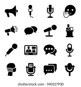 speech icons set. Set of 16 speech filled icons such as chat, bye emot, medical mask, microphone, TV speaker, speaker, megaphone
