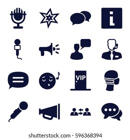 speech icons set. Set of 16 speech filled icons such as explosion, chat, chatting man, emoji listening music, medical mask, microphone, vip door, help support, megaphone