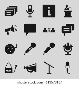 Speech icons set. set of 16 speech filled icons such as megaphone, emoji listening music, microphone, chat, speaker, communication, message