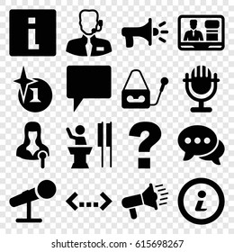 Speech icons set. set of 16 speech filled icons such as explosion, woman speaker, TV speaker, chat, microphone, help support, info, megaphone, speaker, question