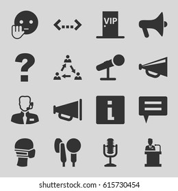 Speech icons set. set of 16 speech filled icons such as megaphone, bye emot, medical mask, microphone, speaker, vip door, help support, communication, question, info, chat