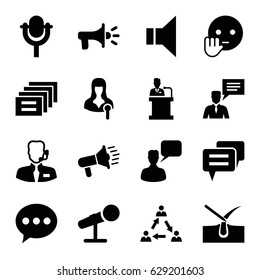 Speech icons set. set of 16 speech filled icons such as shave hair in skin, chatting man, bye emot, woman speaker, man with chat bubblle, megaphone, microphone, speaker