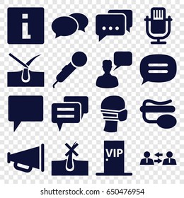 Speech icons set. set of 16 speech filled icons such as no hair in skin, shave hair in skin, chat, chatting man, medical mask, pin microphone, vip door, megaphone