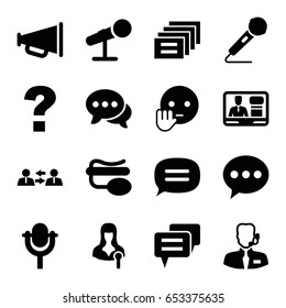 Speech icons set. set of 16 speech filled icons such as bye emot, woman speaker, tv speaker, pin microphone, chat, microphone, help support, megaphone, communication, message