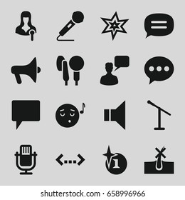 Speech icons set. set of 16 speech filled icons such as no hair in skin, explosion, chatting man, emoji listening music, woman speaker, chat, megaphone, microphone