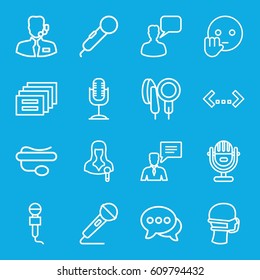 Speech icons set. set of 16 speech outline icons such as chatting man, medical mask, microphone, woman speaker, pin microphone, chat, man with chat bubblle, help support