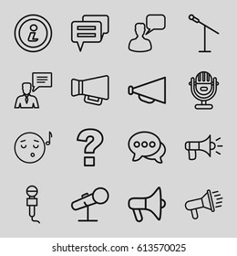 Speech icons set. set of 16 speech outline icons such as chatting man, megaphone, microphone, chat, man with chat bubblle, info, emoji listening music