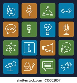 Speech icons set. set of 16 speech outline icons such as explosion, microphone, megaphone, bye emot, chat, info, question, quotation