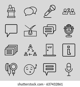 Speech icons set. set of 16 speech outline icons such as shave hair in skin, chat, microphone, speaker, vip door, emoji listening music, info, communication