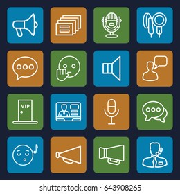 Speech icons set. set of 16 speech outline icons such as chatting man, megaphone, tv speaker, microphone, chat, vip door, help support, emoji listening music, bye emot