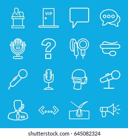 Speech icons set. set of 16 speech outline icons such as shave hair in skin, medical mask, pin microphone, chat, microphone, speaker, vip door, help support, megaphone