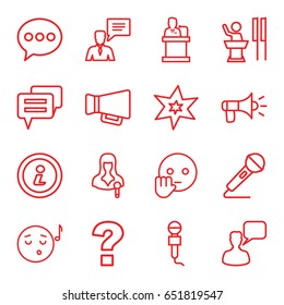 Speech icons set. set of 16 speech outline icons such as explosion, chatting man, microphone, woman speaker, man with chat bubblle, megaphone, speaker, info