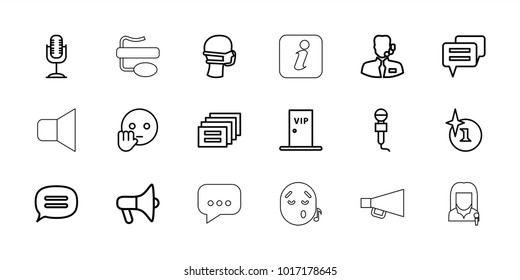 Speech icons. set of 18 editable outline speech icons: explosion, bye emot, medical mask, megaphone, message, microphone, chat, vip door, help support, info