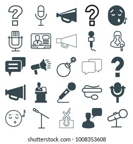Speech icons. set of 25 editable filled and outline speech icons such as chatting man, megaphone, microphone, speaker, chat, explosion, question, emoji listening music