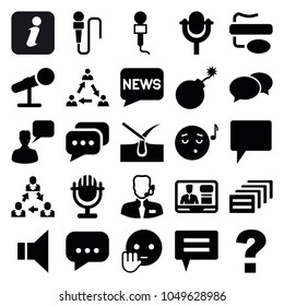 Speech icons. set of 25 editable filled speech icons such as shave hair in skin, explosion, chat, chatting man, question, emoji listening music, bye emot, communication