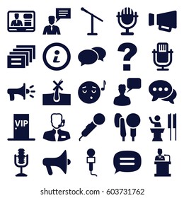 Speech icons set. set of 25 speech filled icons such as no hair in skin, chat, chatting man, emoji listening music, microphone, TV speaker, man with chat bubblle, megaphone