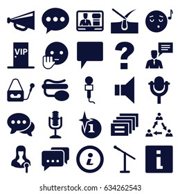 Speech icons set. set of 25 speech filled icons such as shave hair in skin, explosion, megaphone, emoji listening music, bye emot, microphone, woman speaker, tv speaker